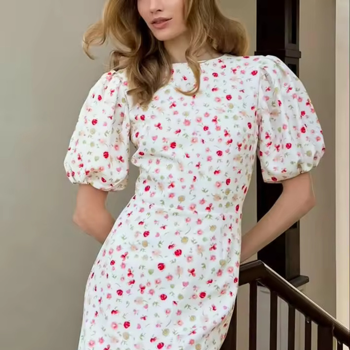 Customized new summer new fashion commuter floral dress temperament Slim waisted long dress bubble sleeve