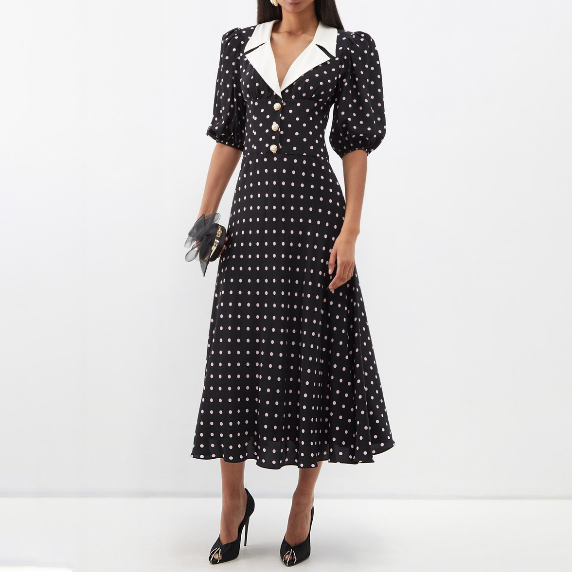 New Style Girls Custom Puff Sleeves Turn Down Collar Casual Dresses Stylish Classic Dot Soft Formal Long Dresses For Women 2023