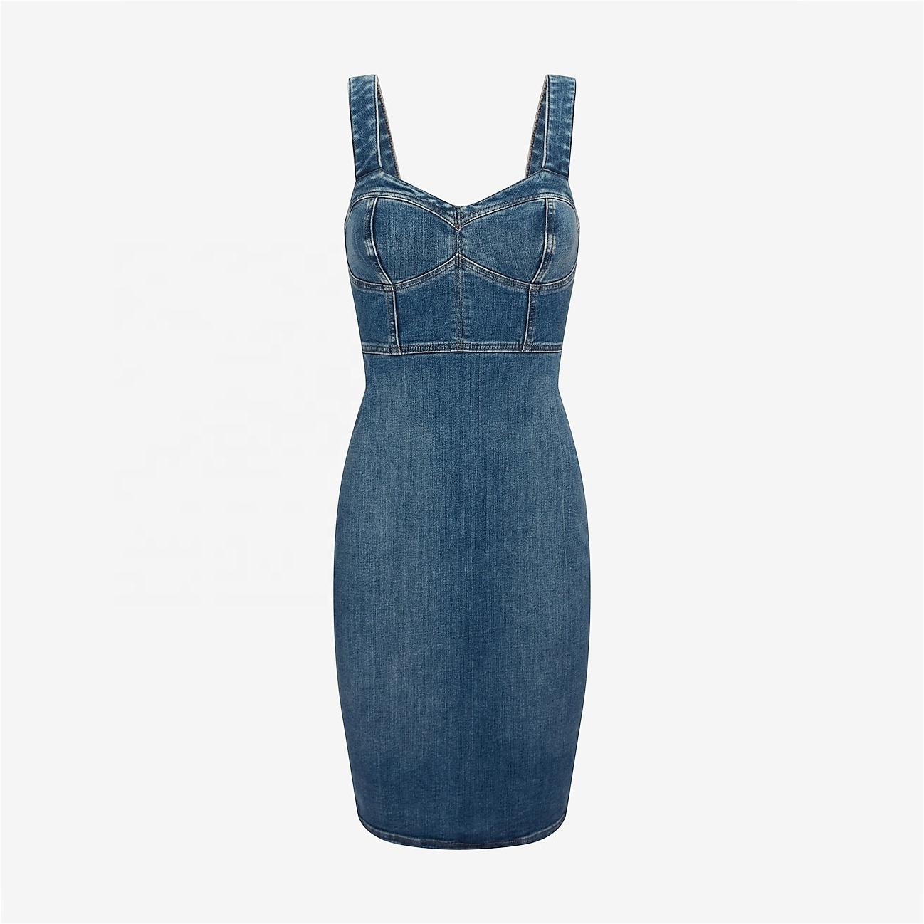 Custom Women's Formal Denim Dress Sweetheart Neckline Corset Dark Blue Wash Sexy Jean Dresses Ladies Denim Sheath Dress