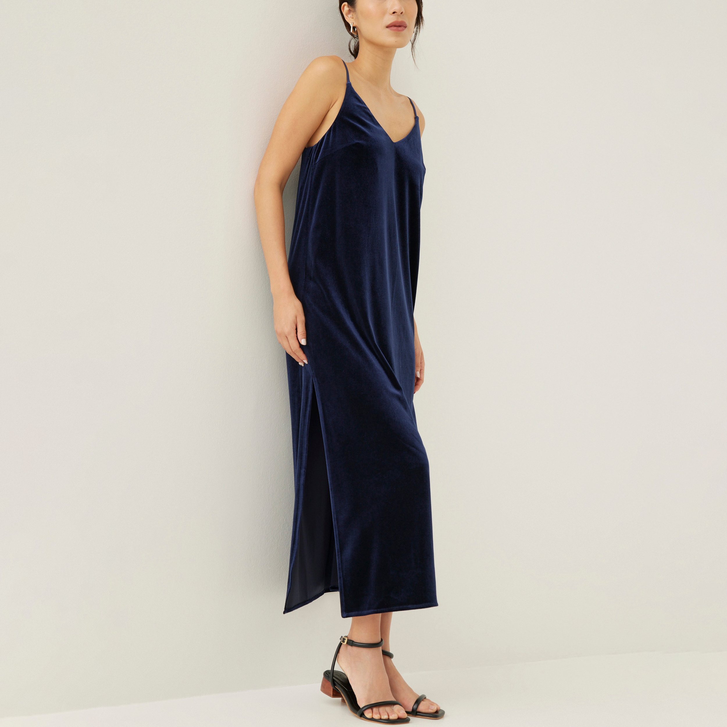 Summer Vestido Fashion Custom Sexy Sleeveless Navy Blue Velvet Slip Midi Dress Soft Shiny Luxury One Piece Dress For Women