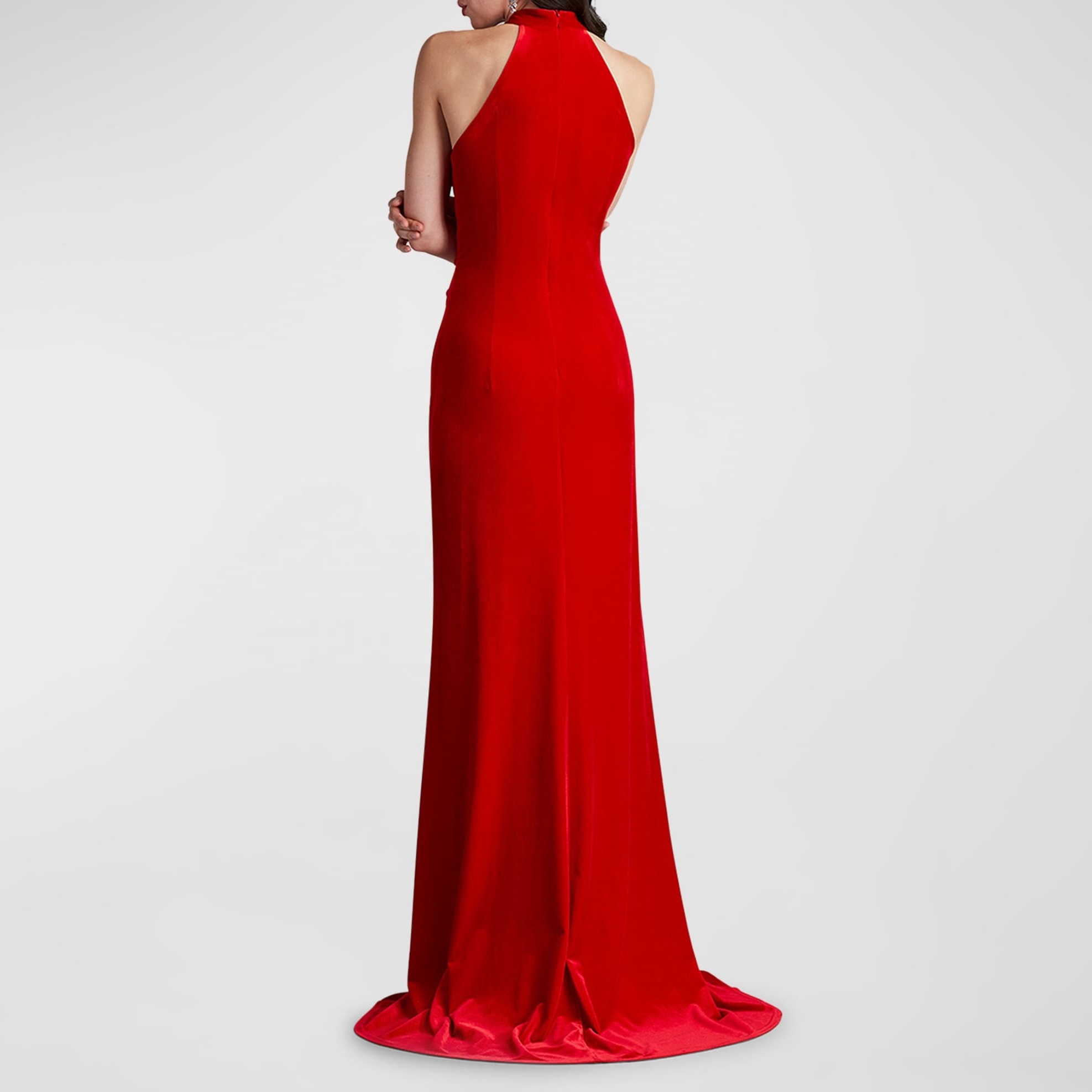 Women's Sleeveless Twist Front Ruffle Velvet Gown Vestidos Elegant Maxi Dress Red Velour Luxury Evening Dress Ball Gown