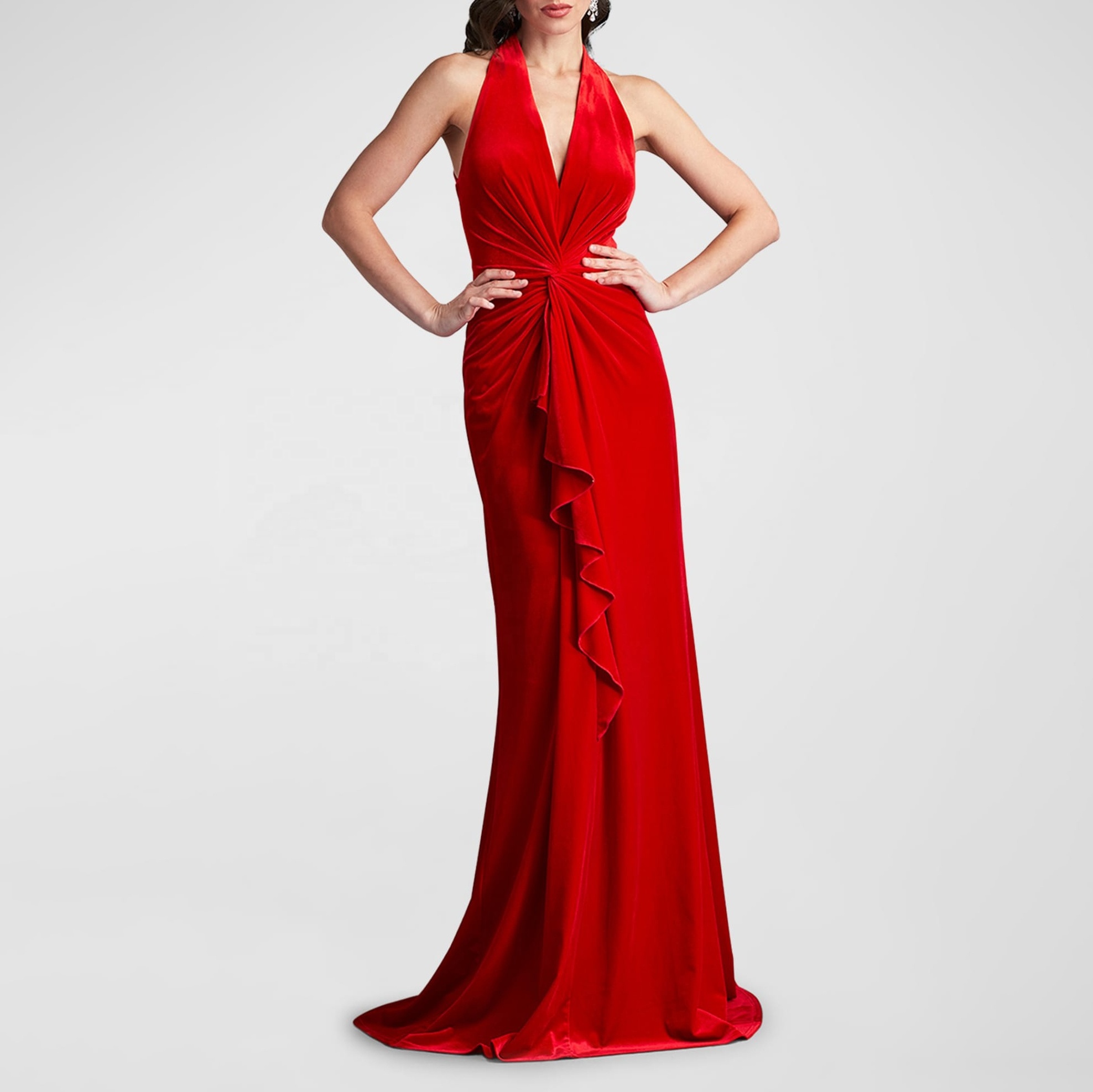 Women's Sleeveless Twist Front Ruffle Velvet Gown Vestidos Elegant Maxi Dress Red Velour Luxury Evening Dress Ball Gown