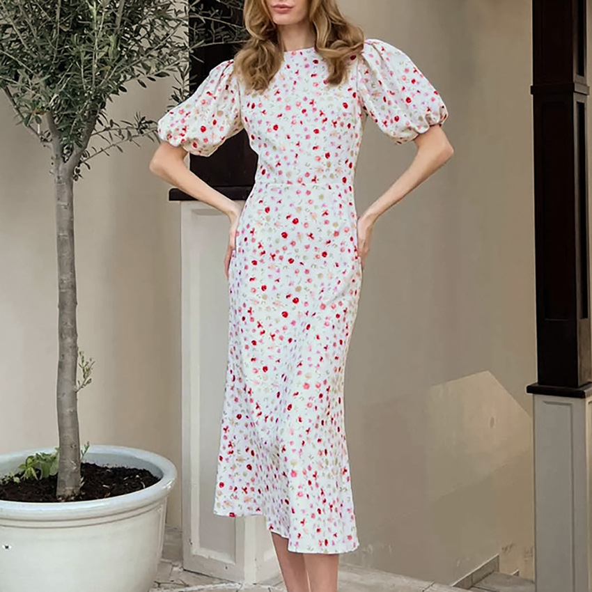 Customized new summer new fashion commuter floral dress temperament Slim waisted long dress bubble sleeve