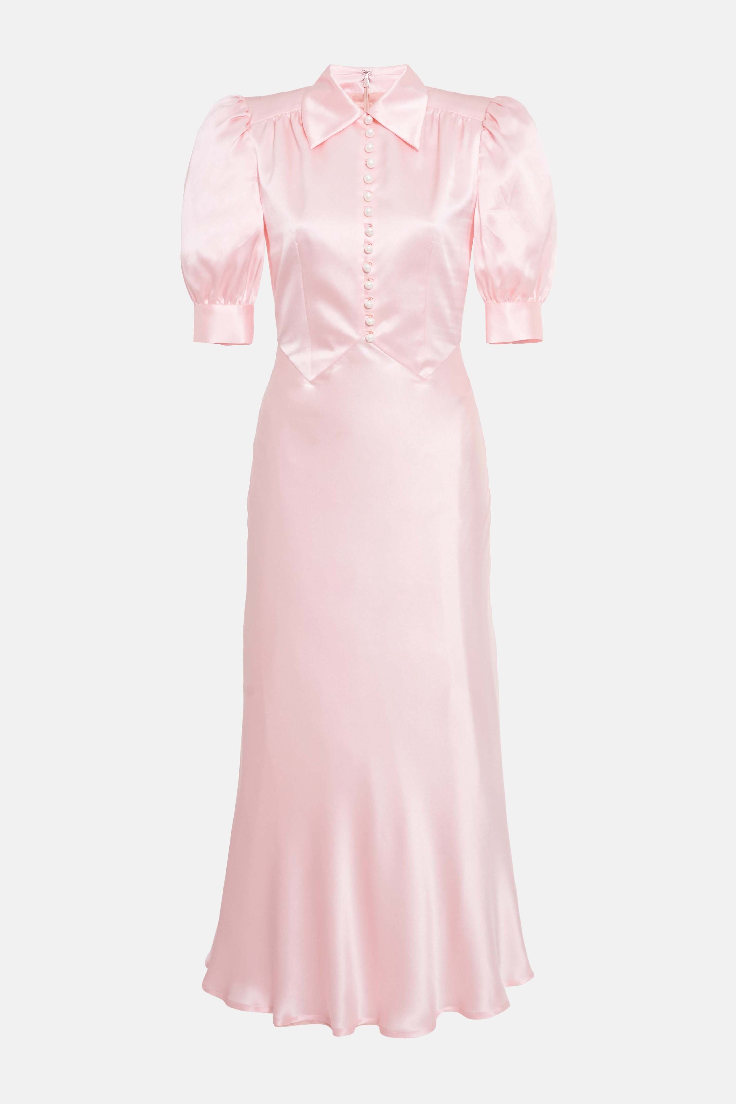 Customized Fashion Pink Elegant Casual Dresses Temperament Puffy Sleeve Fishtail Stand Collar Dresses