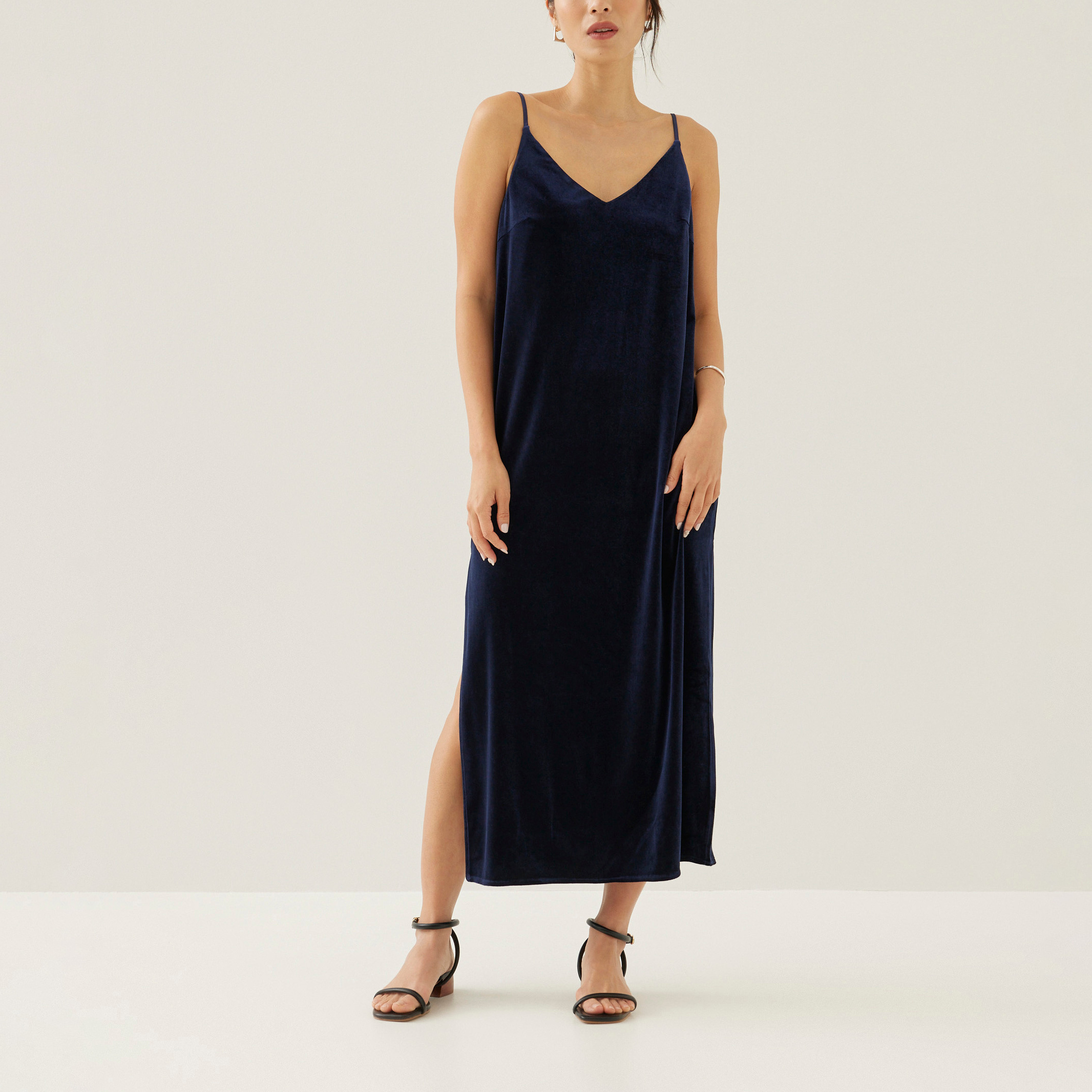 Summer Vestido Fashion Custom Sexy Sleeveless Navy Blue Velvet Slip Midi Dress Soft Shiny Luxury One Piece Dress For Women