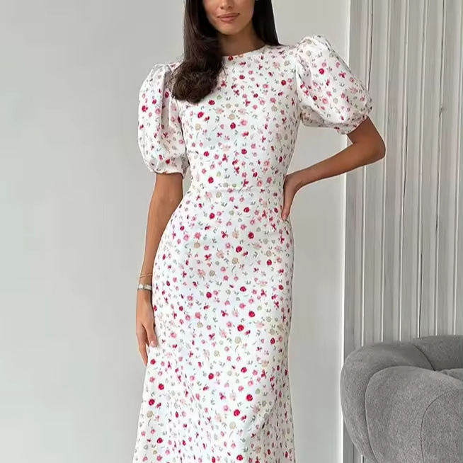 Customized new summer new fashion commuter floral dress temperament Slim waisted long dress bubble sleeve