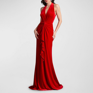 Women's Sleeveless Twist Front Ruffle Velvet Gown Vestidos Elegant Maxi Dress Red Velour Luxury Evening Dress Ball Gown