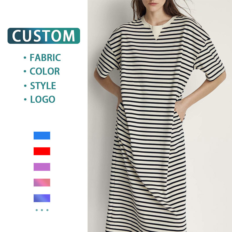 Custom Logo Women Summer Casual Short Sleeve Long Dress Plus Size High Quality 100% Cotton Cheap T-shirts Striped Maxi Dress