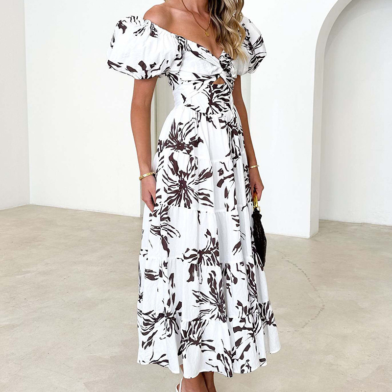 Custom Long Summer Ruffle Casual, Dresses Ladies Holiday Beach Short Sleeve Women Off Shoulder Floral Maxi Dress/