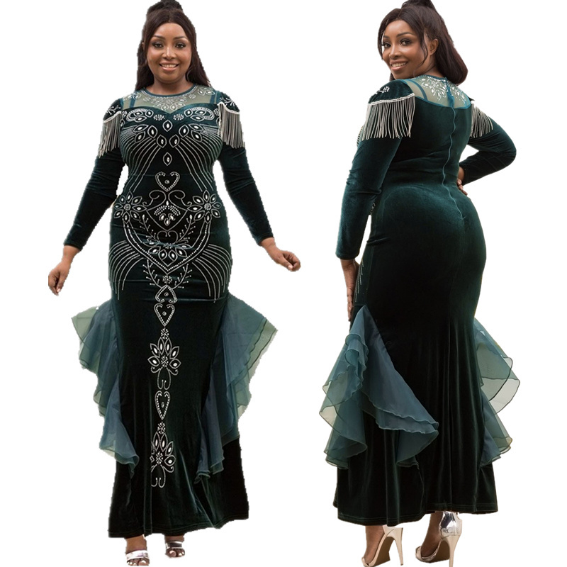 African Fashion Velvet Evening Dresses For Women Luxury Beaded Forma Long Party Dress Turkey Ladies Wedding Prom Gowns