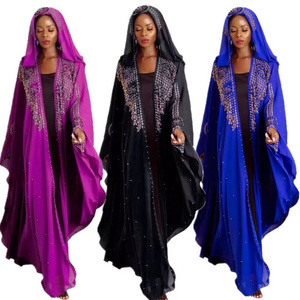 Muslim Women Long Dress Full Sleeve Fashion High Quality Chiffon Diamonds Beads Free Size Abaya With Inner Dres