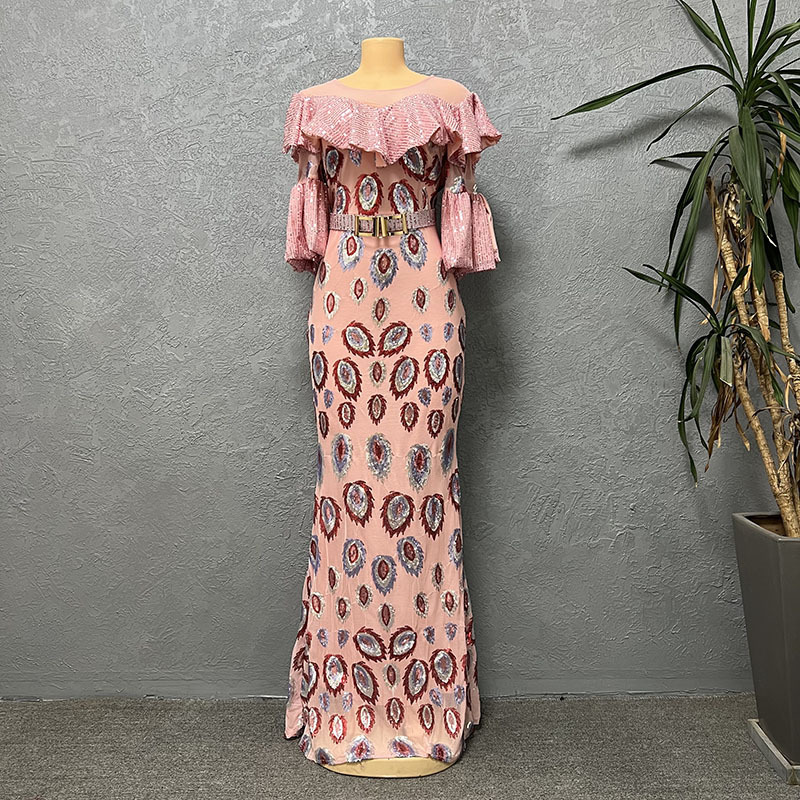 2022 New Fashion African Dresses For Women Luxury Sequin Evening Party Gown Long Dress Come With Belt Bodycon Ladies Clothing