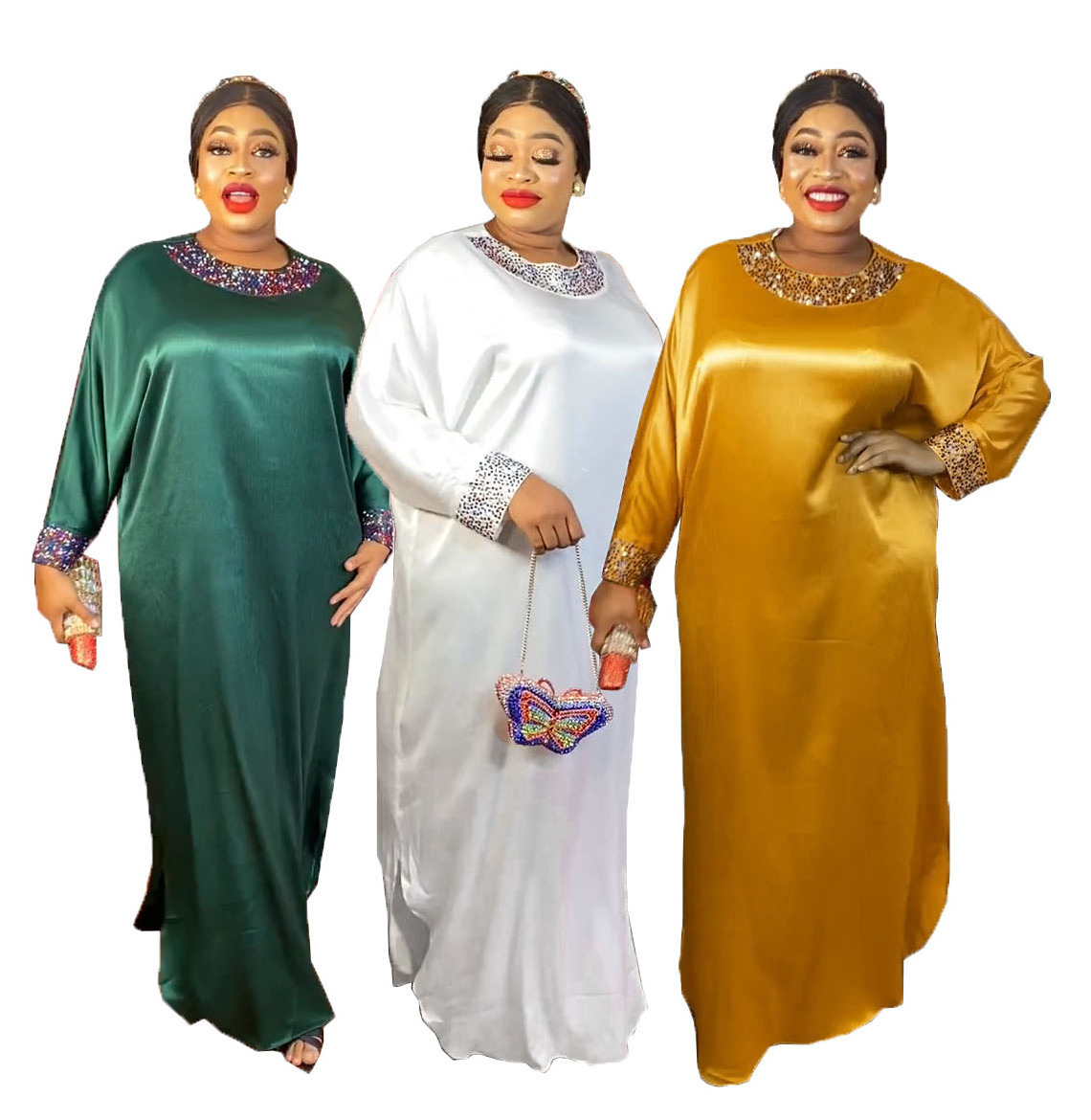 Fashion Elegant Abaya Long Dresses Women Casual Loose O Neck Rhinestone Islamic Clothing Turkey African Dress Robe Daily Wear