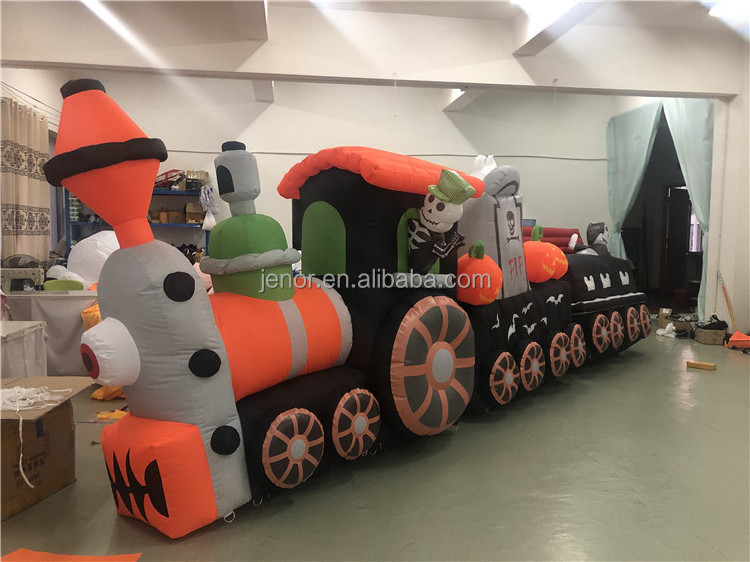 All Hallow's Eve Long Airblown Pumpkin Halloween Inflatable Skeleton Train with Rising Ghost