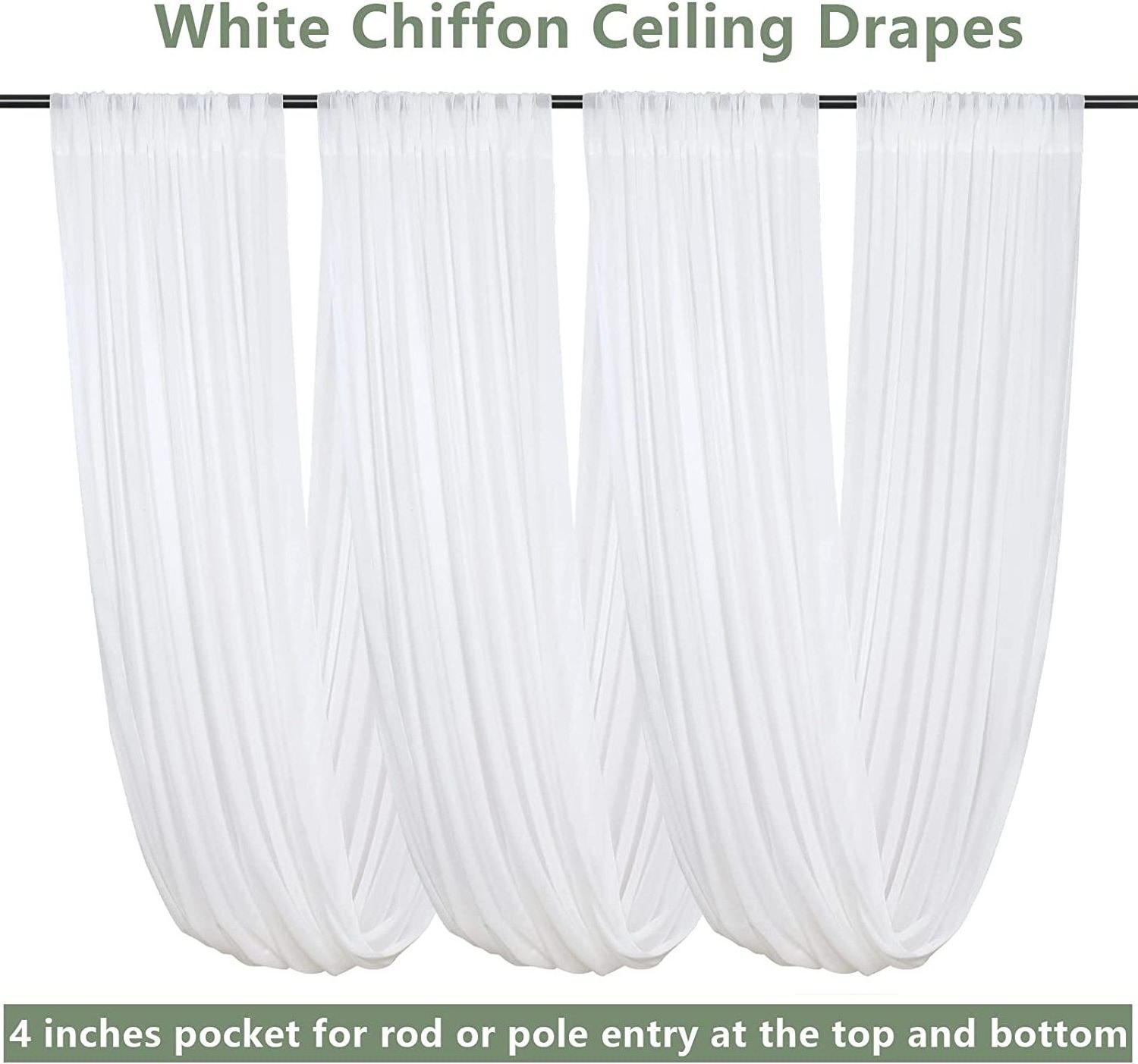 White Ceiling Drapes for Wedding 4 Panels 5ftx20ft Sheer Curtains Chiffon Draping Fabric for Party Ceremony Stage Swag Tent Drap