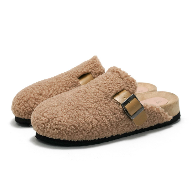 Winter Women Faux Cow Suede Leather Mule Clogs Slippers Long Plush Warm Indoor Soft Cork Buckle Slides Footwear for Women Men