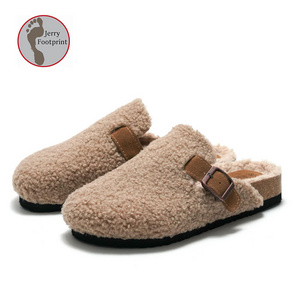 Winter Women Faux Cow Suede Leather Mule Clogs Slippers Long Plush Warm Indoor Soft Cork Buckle Slides Footwear for Women Men