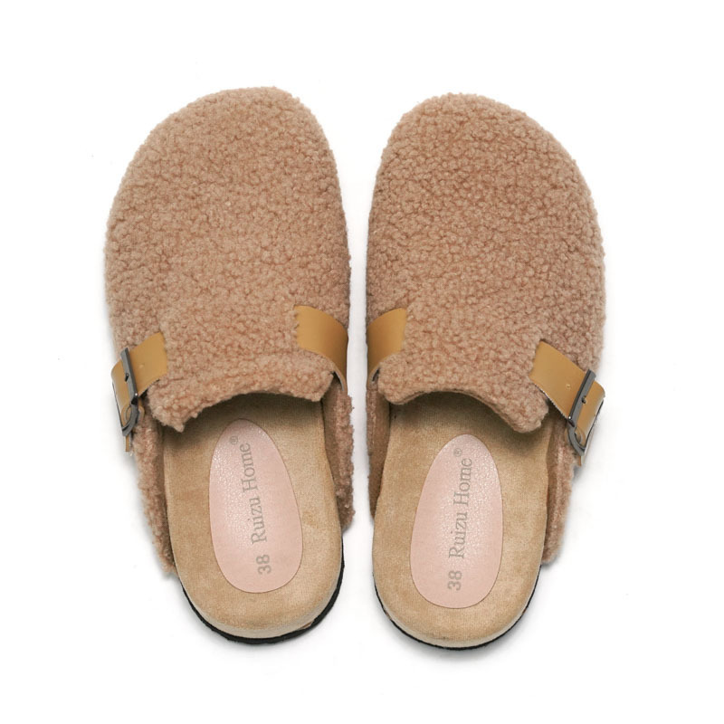 Winter Women Faux Cow Suede Leather Mule Clogs Slippers Long Plush Warm Indoor Soft Cork Buckle Slides Footwear for Women Men