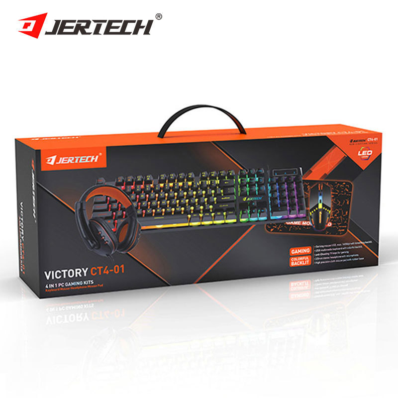 JERTECH Brand Custom CT4-01 Game Accessories 4 in 1 Set Headset Mousepad LED Backlit Gaming Keyboard and Mouse Combos