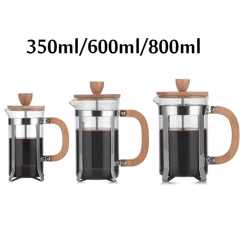 350ml/600ml/800ml Glass French Press Coffee&Tea Maker Borosilicate Glass Coffee Press Kettle Teapot With Bamboo Handle and Lid