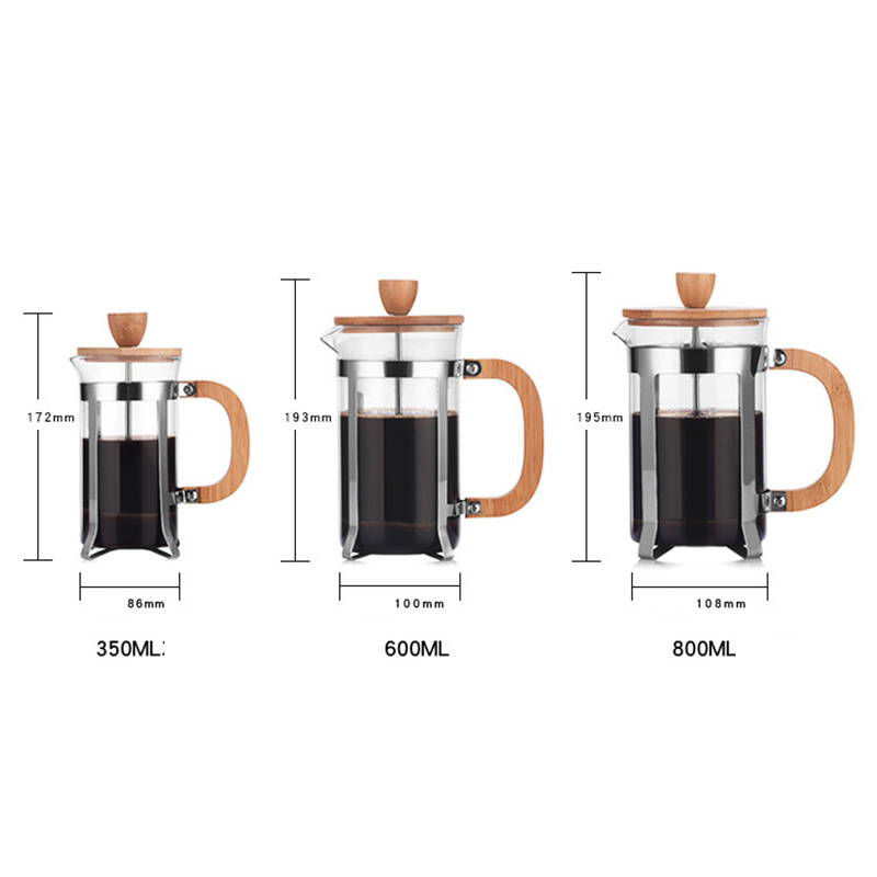 350ml/600ml/800ml Glass French Press Coffee&Tea Maker Borosilicate Glass Coffee Press Kettle Teapot With Bamboo Handle and Lid