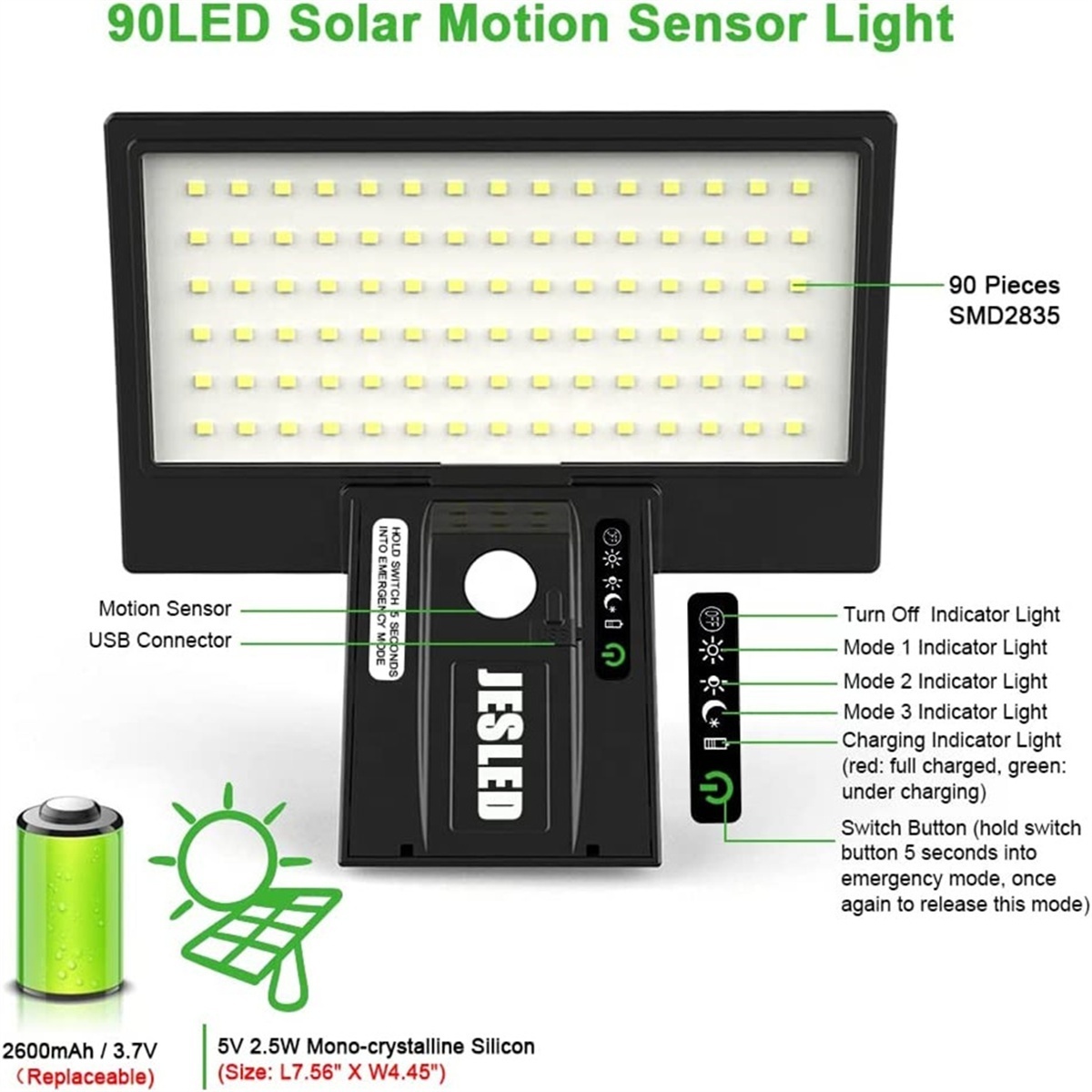 JESLED Solar Light for Outdoor 90LED Solar Lamp Super Bright Solar Light with Motion Sensor Security 3 Modes Battery Replaceable