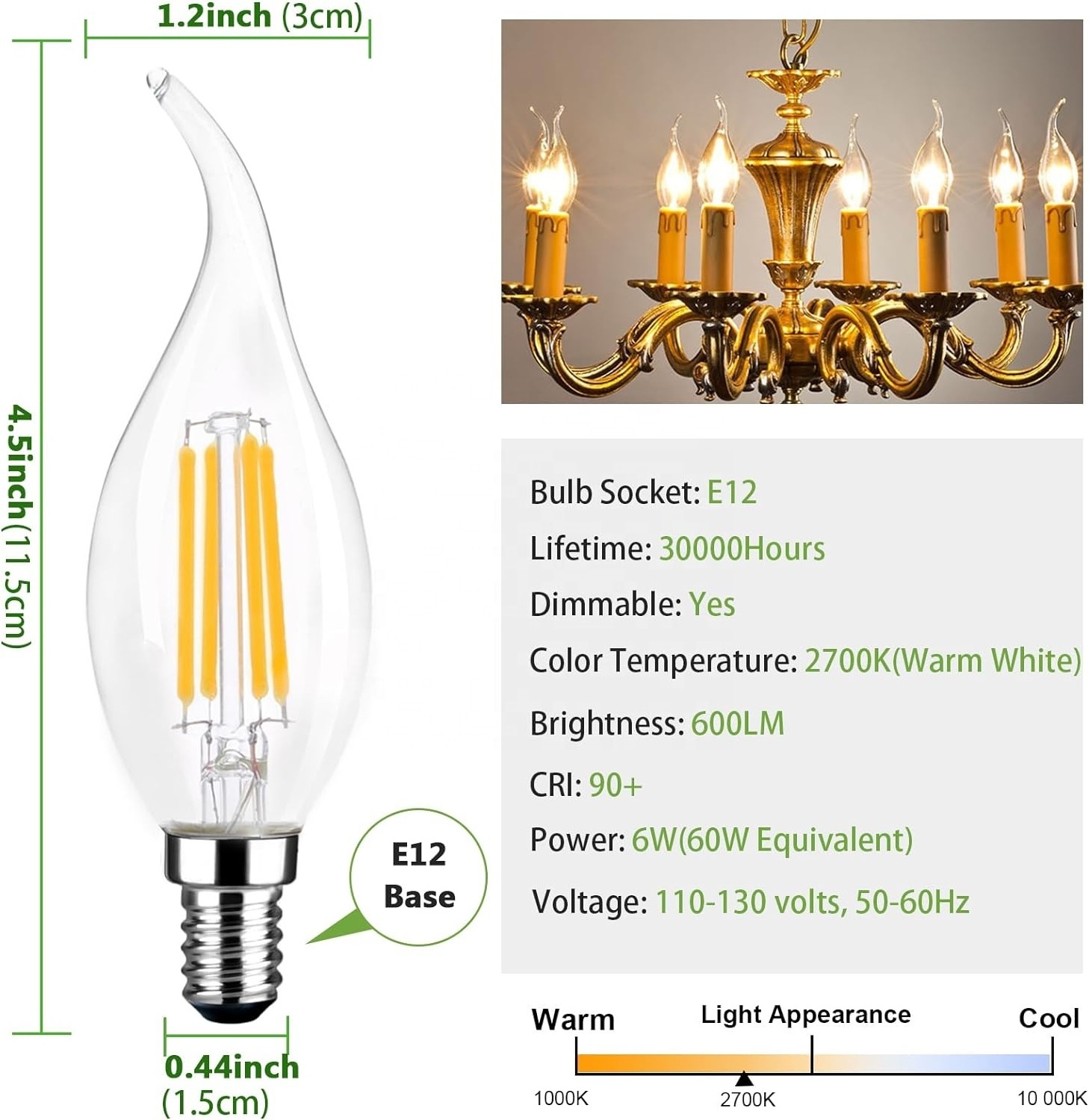 JESLED E12 E14 E27 Candelabra LED Bulb Dimmable Vintage Flame Tip Chandelier Light Bulb 4W 6W LED Filament Candle Base Bulbs