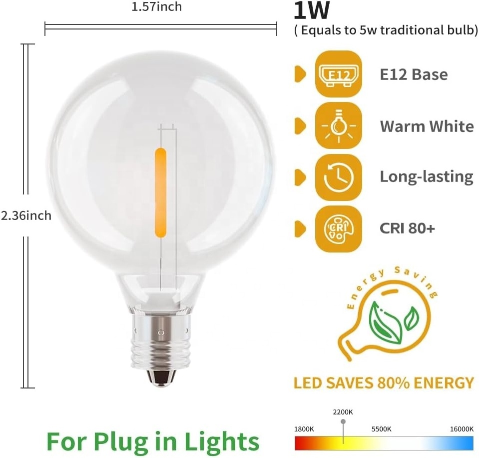 JESLED LED Bulbs for Outdoor String Lights E12 Screw Base 1W Shatterproof Edison Bulb G40 Replacement Bulbs equivalent to 5W ETL