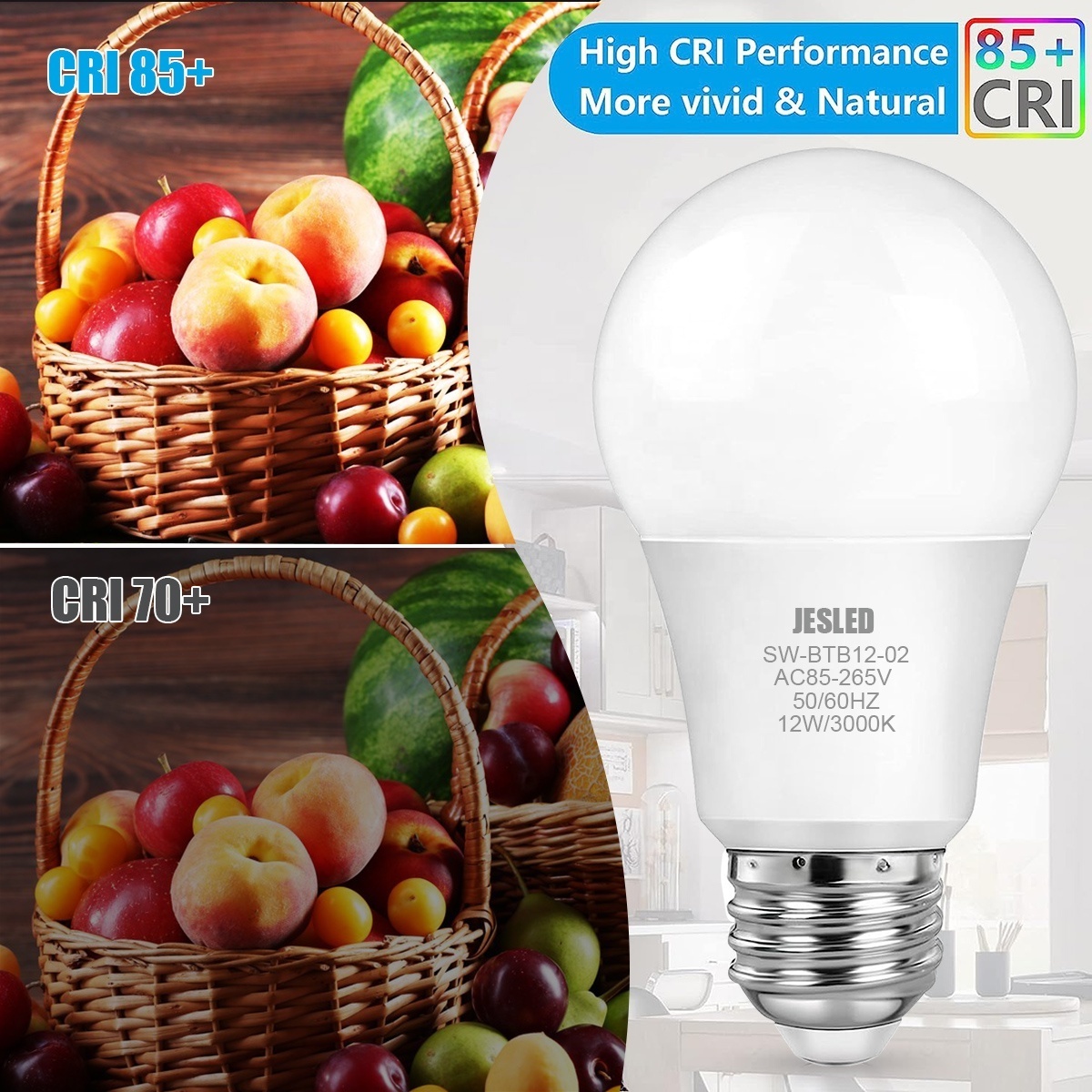 JESLED A19 LED Light Bulb 60 Watt Equivalent Daylight 5000K E26 Medium Base Non-Dimmable LED Light Bulb ETL Listed