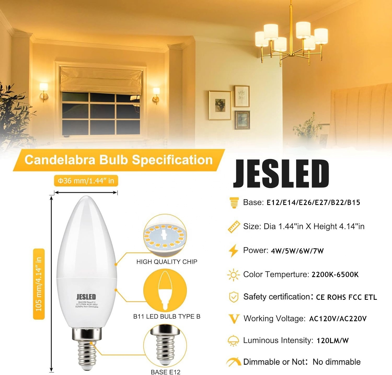 JEDLED E12 E14 E27 LED Candelabra Light Bulbs B10 Chandelier Candle Bulbs 4/5/6/7W Type B Ceiling Fan Bulbs CE UKCA ETL Listed