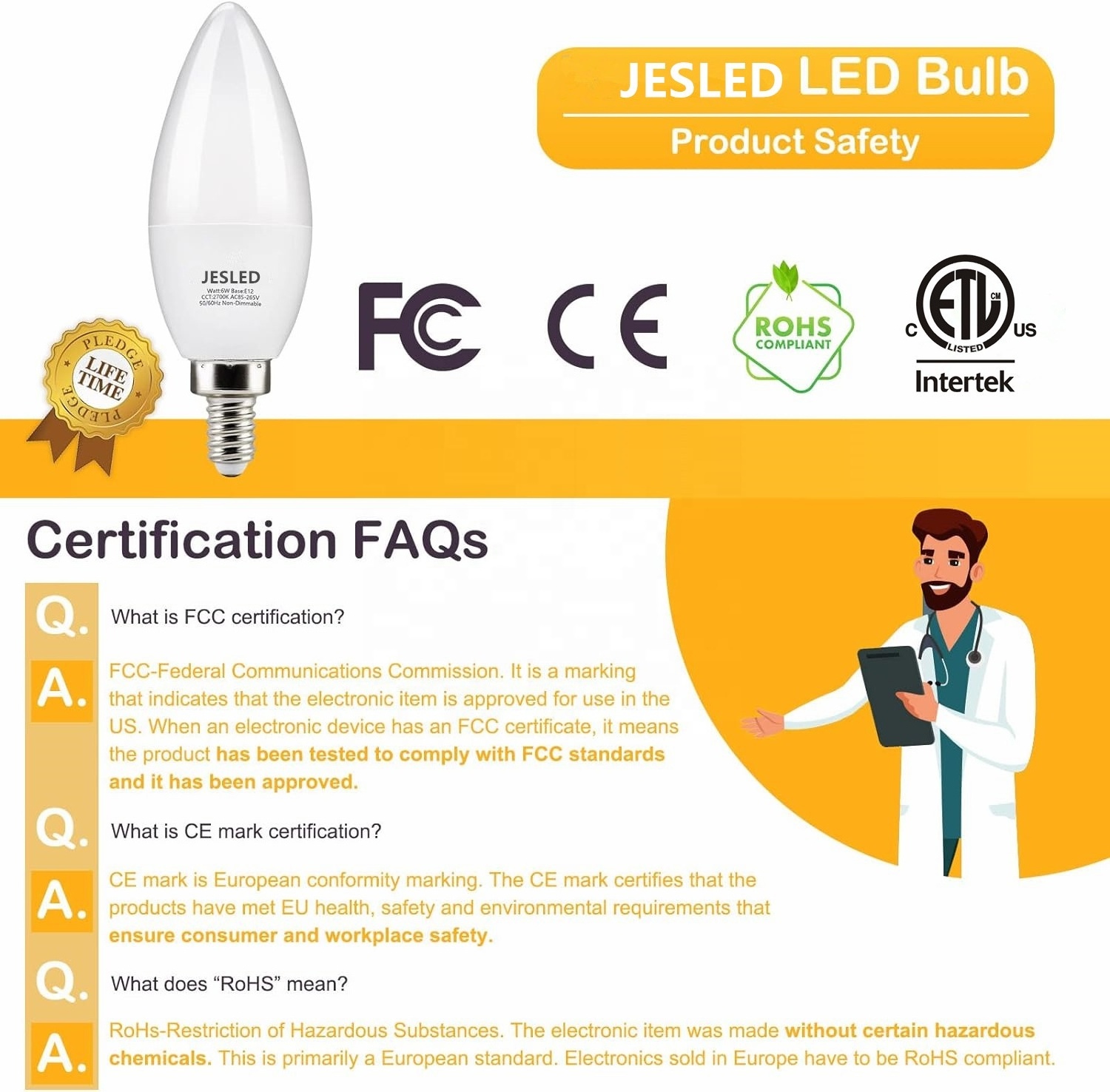 JEDLED E14 LED Light Bulb Warm White 2700K 6W (40 Watts Equivalent) 650 Lumen LED Candle Bulb B11 Small Screw Light Bulbs CE ETL