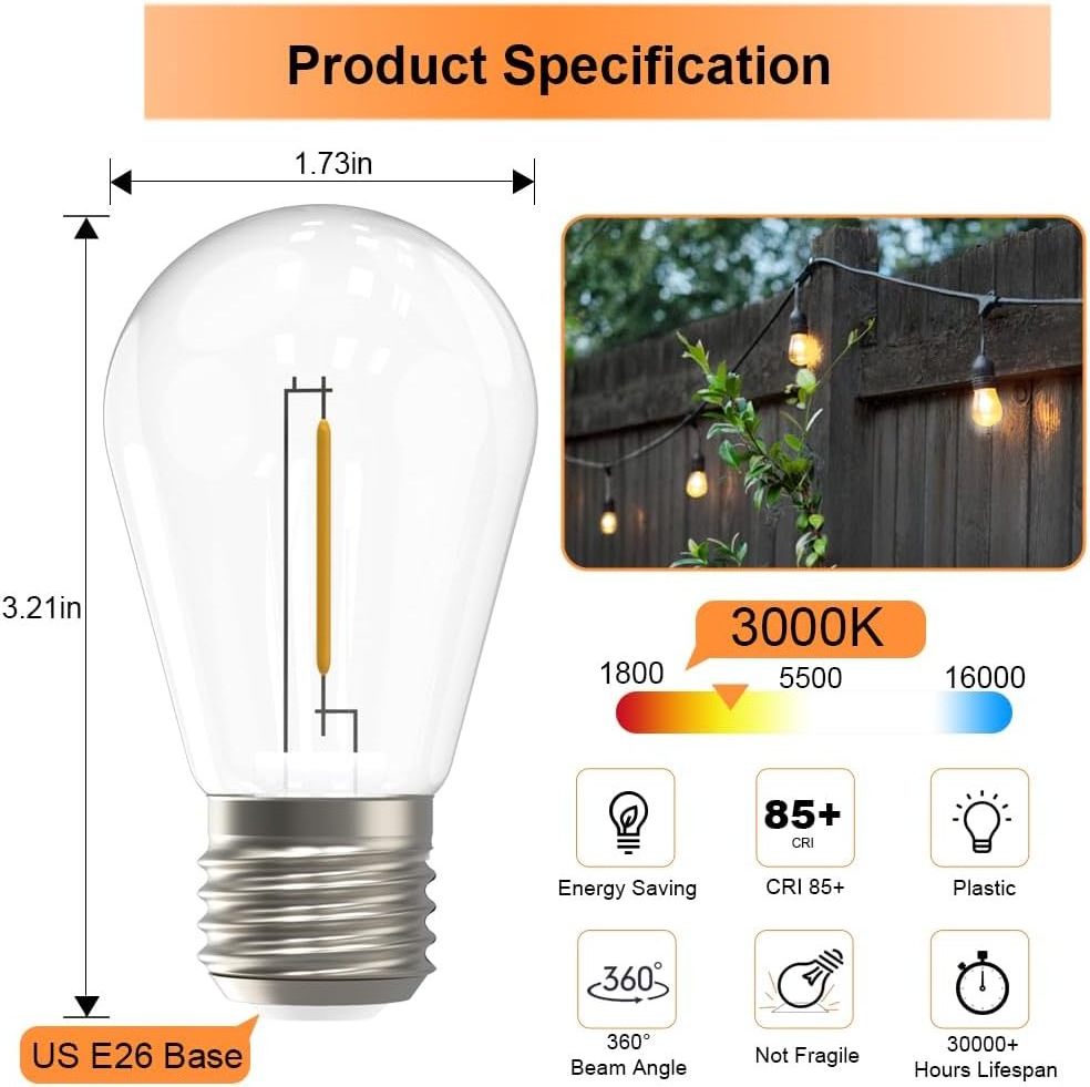 JESLED S14 E26 Replacement LED Edison Bulbs Shatterproof & Waterproof Dimmable Light Bulbs for outdoor.