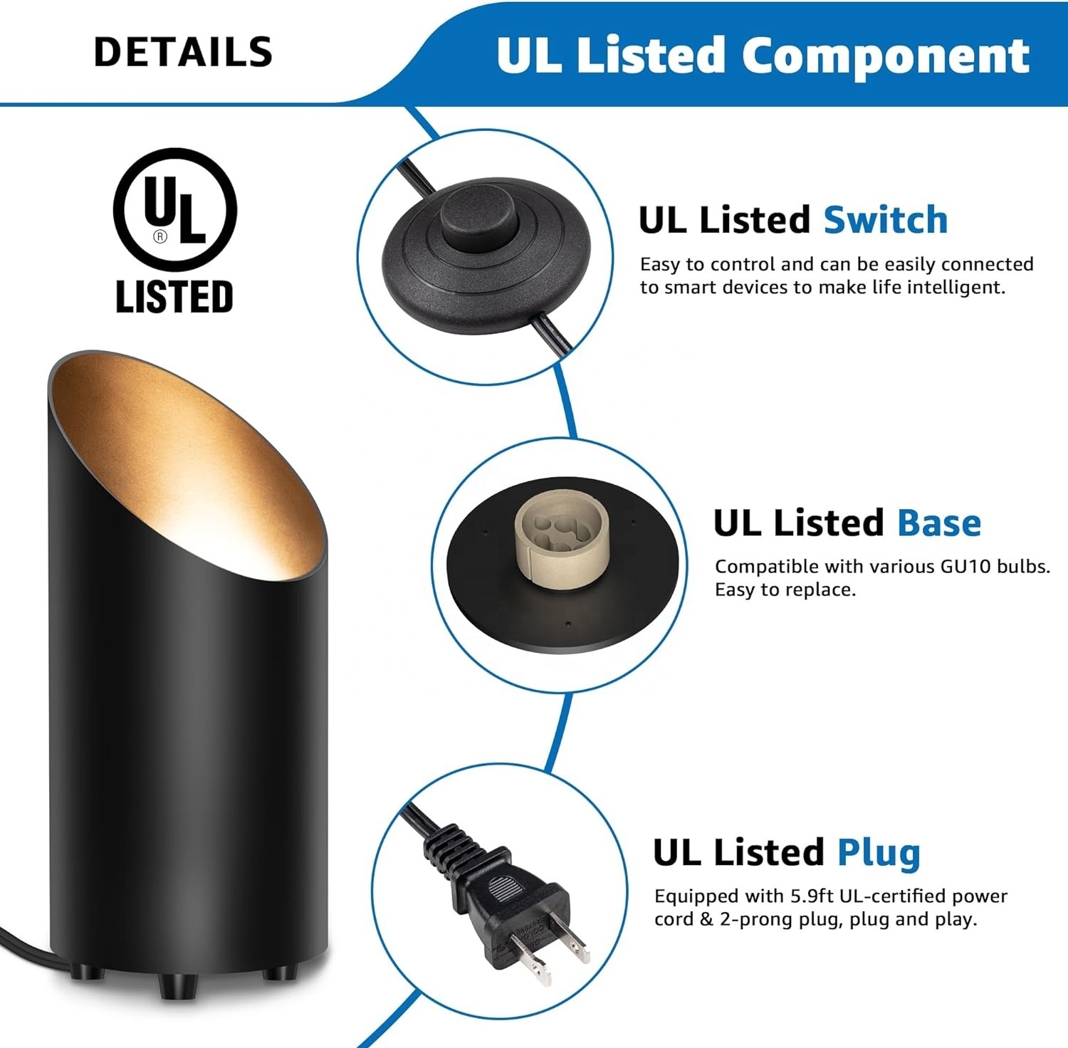 JESLED Up Lights Indoor Floor Can Light 5W GU10 2700K Bulbs with 5.9 FT Plug Cord & Foot Switch for Home Accent Lighting OEM&ODM