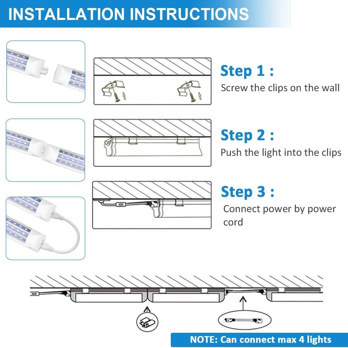 JESLED 90W 8FT 4FT 2FT LED Tube Light Fixture 11700LM D-Shape High Output Clear Cover Linkable 8 Foot Garage Shop Lights ETL