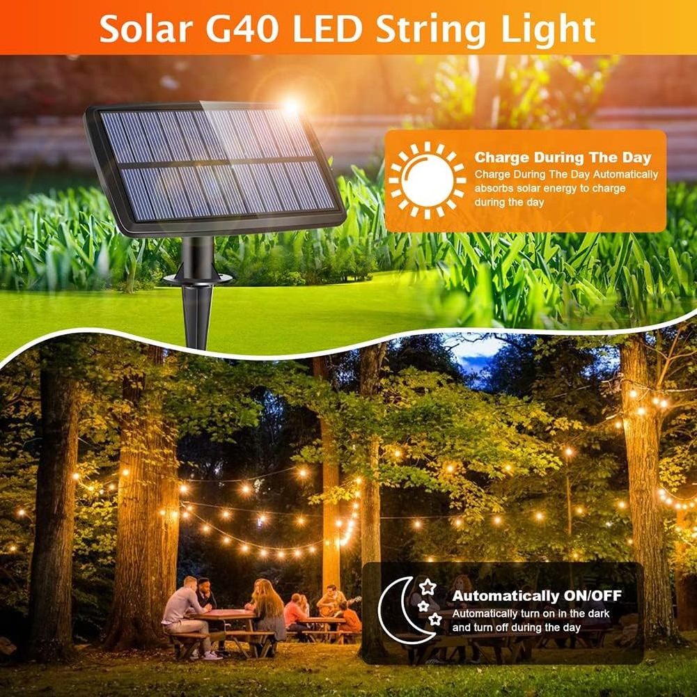 JESLED Eco friendly 18FT30FT/50FT G40 Solar Outdoor In Holiday Lighting Garden Powered String Lights With Led Edison bulbs