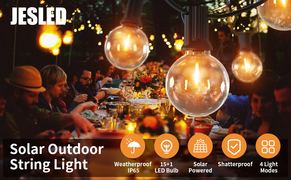 JESLED Eco friendly 18FT30FT/50FT G40 Solar Outdoor In Holiday Lighting Garden Powered String Lights With Led Edison bulbs