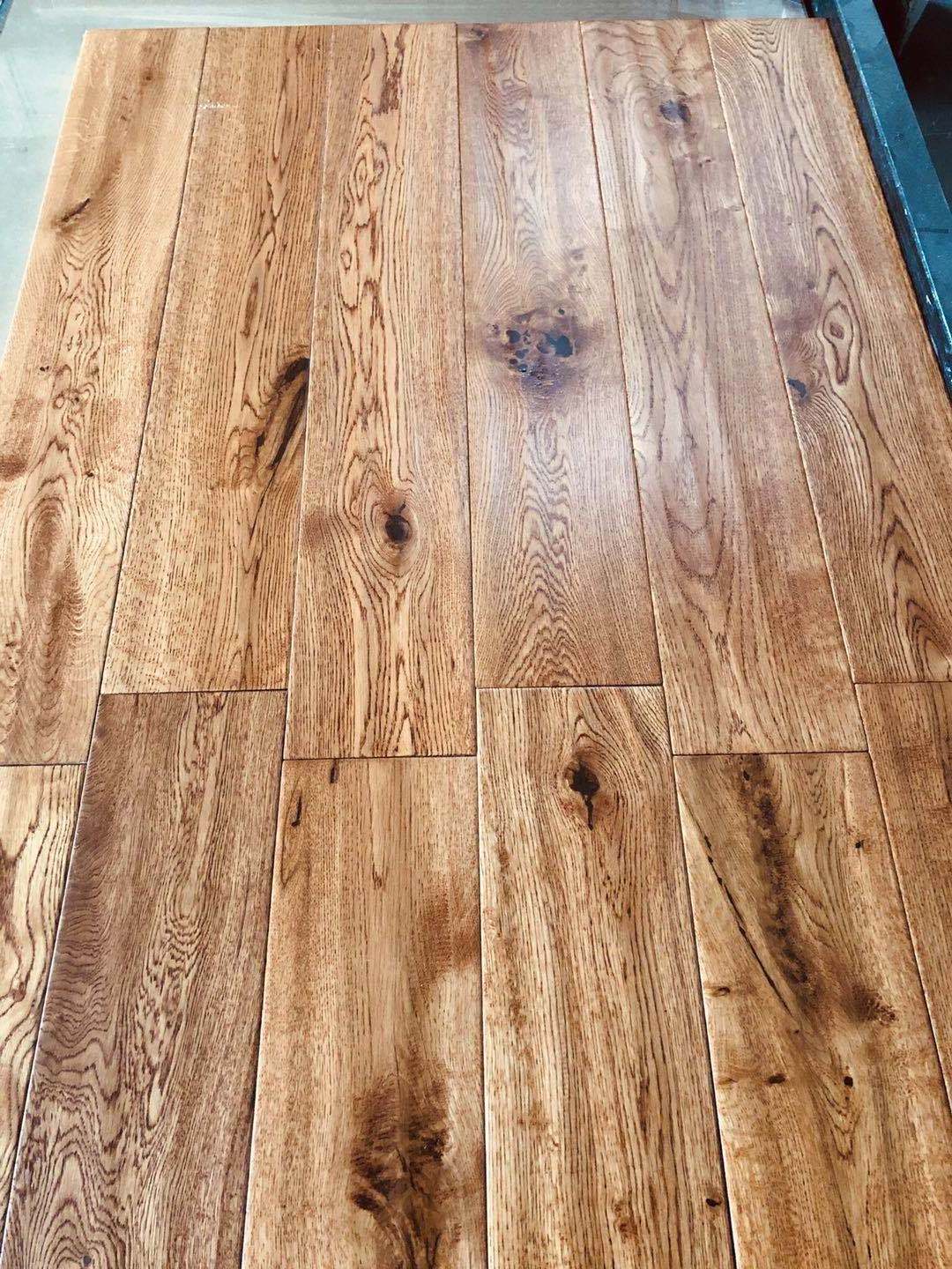 Solid oak hand scraped hardwood parquet flooring  whitney color