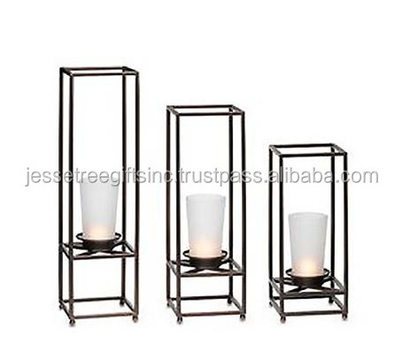 Metal Rod Candle Holder Set Of Three With Black Powder Coating Finishing Square Shape Excellent Quality For Home Decoration