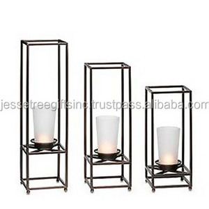 Metal Rod Candle Holder Set Of Three With Black Powder Coating Finishing Square Shape Excellent Quality For Home Decoration