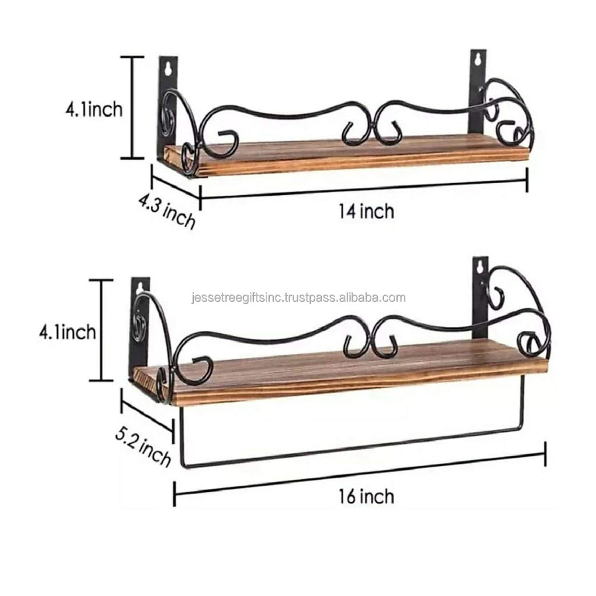 Modern Wood & Iron Wire Wall Mounted Shelf With Black Powder Coating & Wood Polish Finishing Scroll Design For Storage Set Of 2