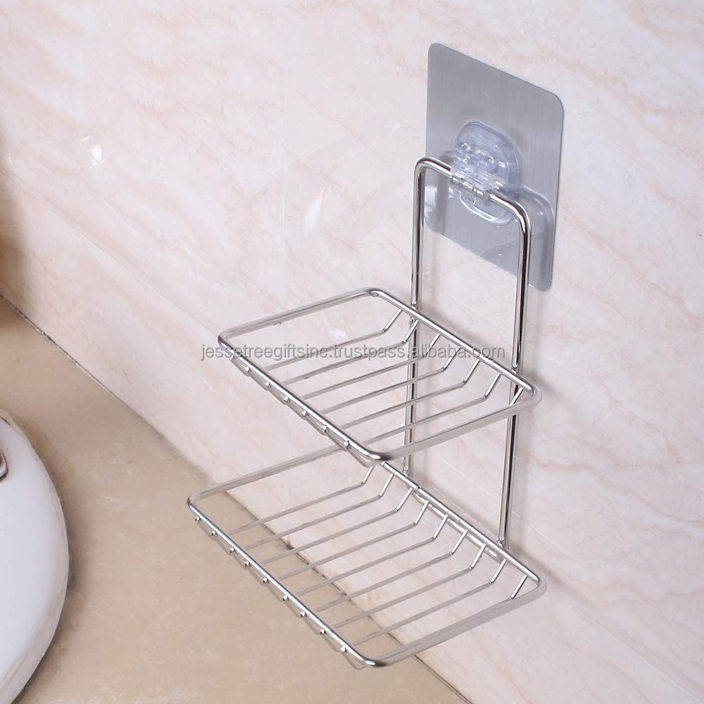 Stainless Steel Wire Wall Mounted Soap Dish With Mirror Polish Finishing Double Dish Holder Rectangle Shape For Bathroom Use