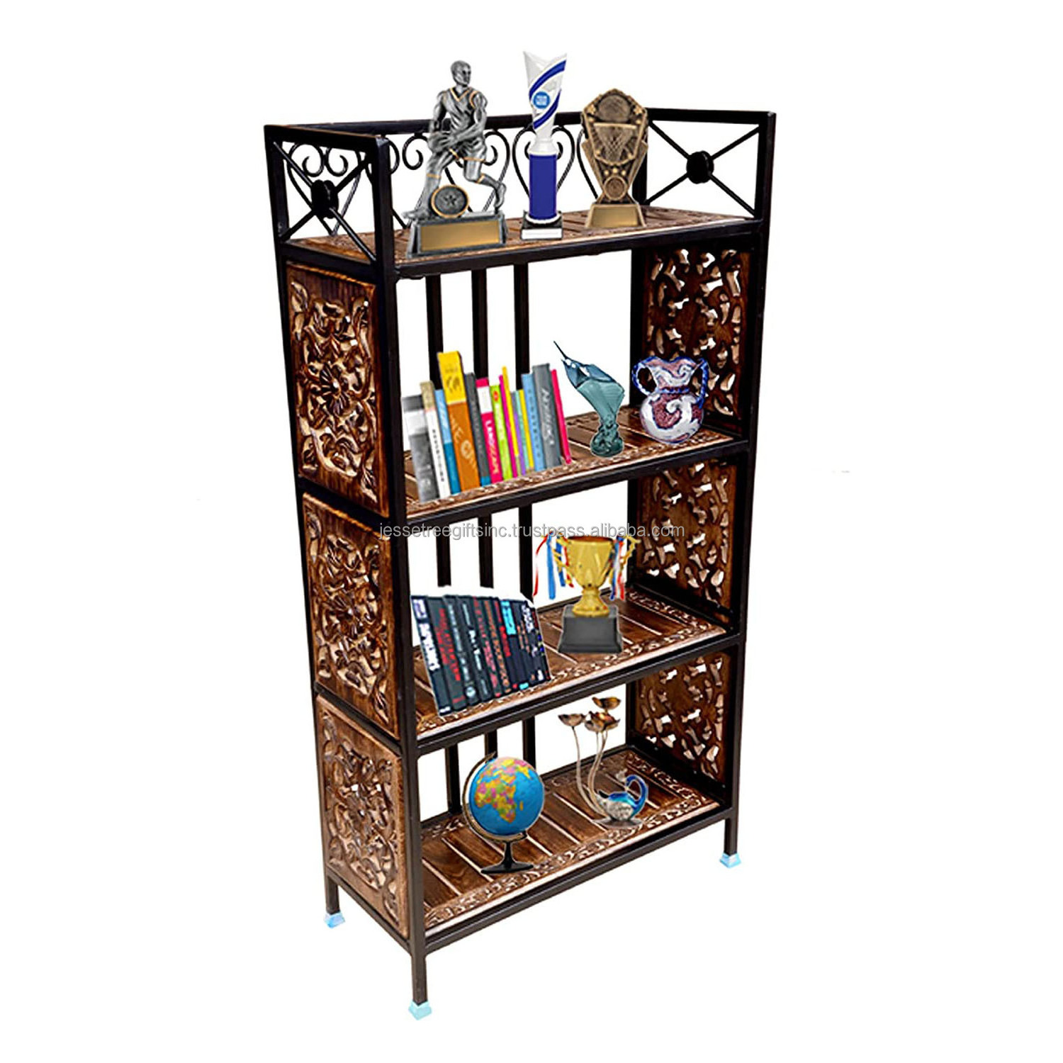 Wood & Metal Wire Living Room Rack With Black Powder Coating & Wood Polish Finishing Flower Design Four Tiers For Storage