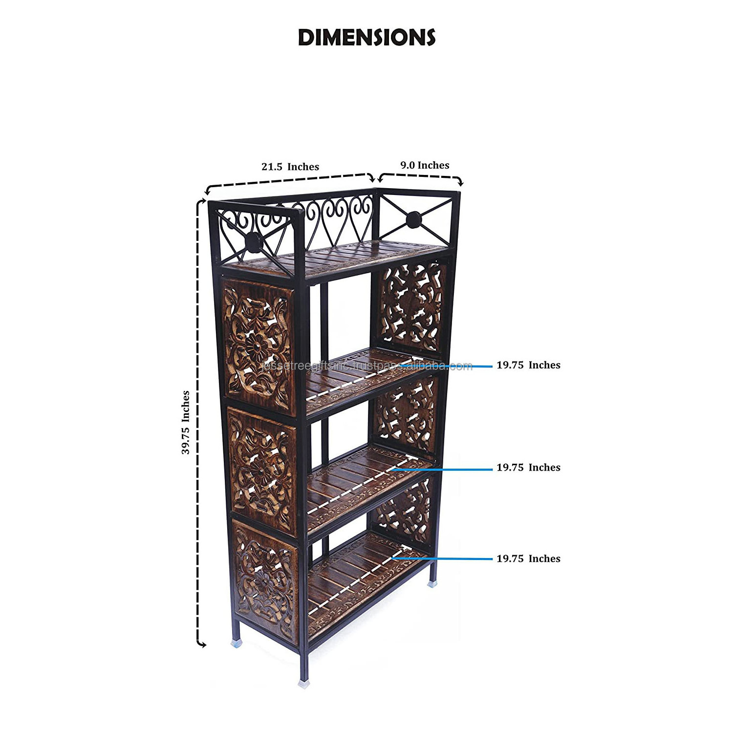 Wood & Metal Wire Living Room Rack With Black Powder Coating & Wood Polish Finishing Flower Design Four Tiers For Storage