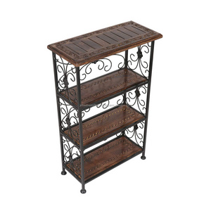 Wood & Metal Wire Living Room Rack With Black Powder Coating & Wood Polish Finishing Flower Design Four Tiers For Storage