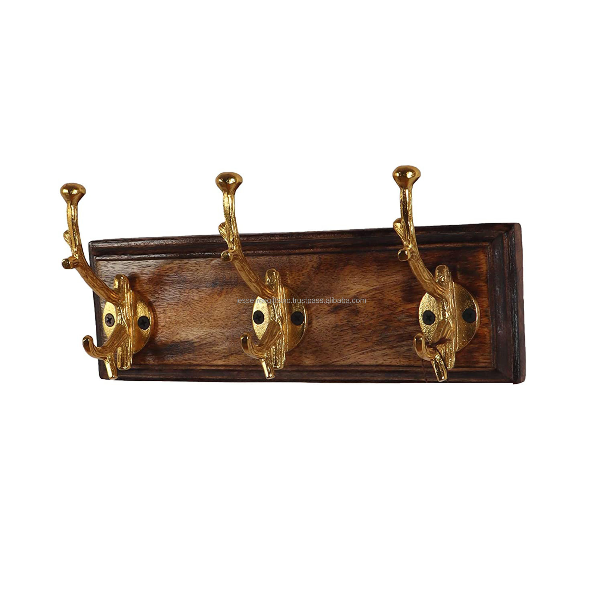 Wood & Iron Wall Mounted Hook With Natural Wood & Gold Plating Finishing Decorative Hanger Good Quality For Home Decoration