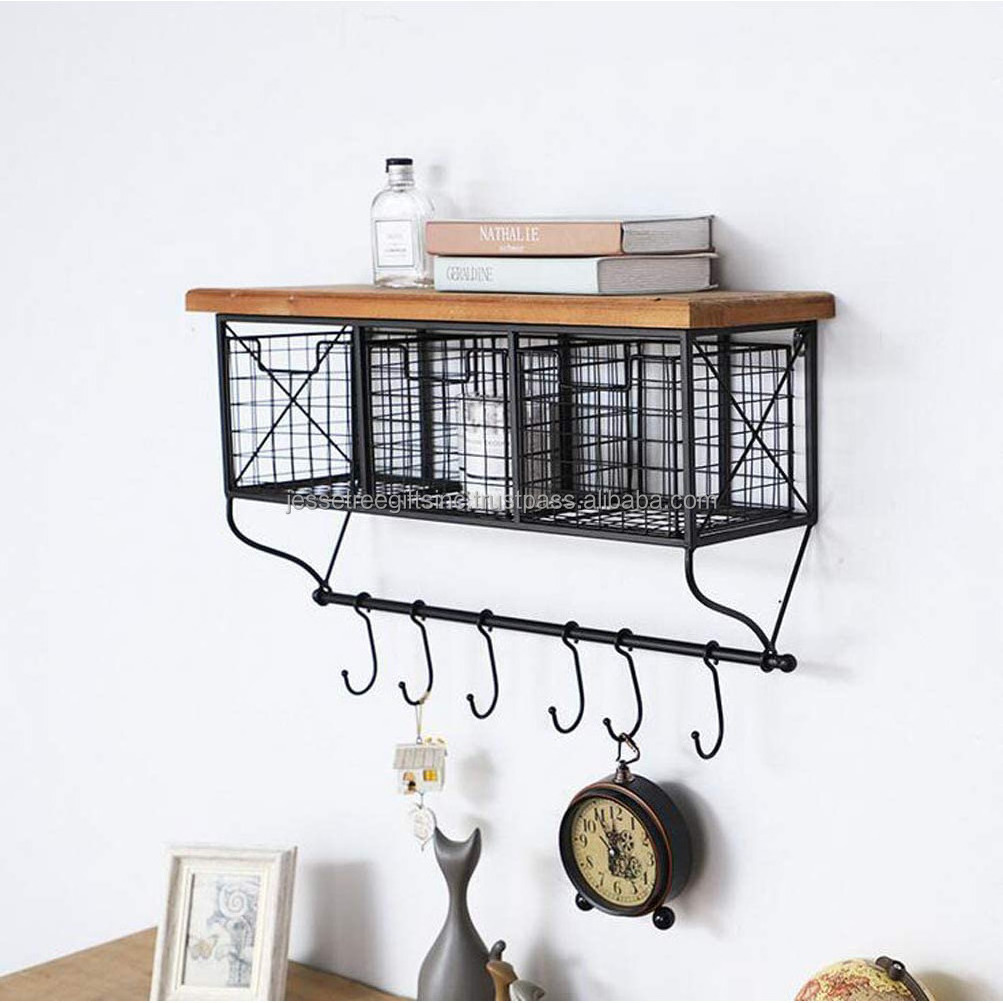 Metal Wire Wall Hanging Shelf With Hooks Black Powder Coating Finishing Rectangle Shape Best Quality Wooden Top For Storage