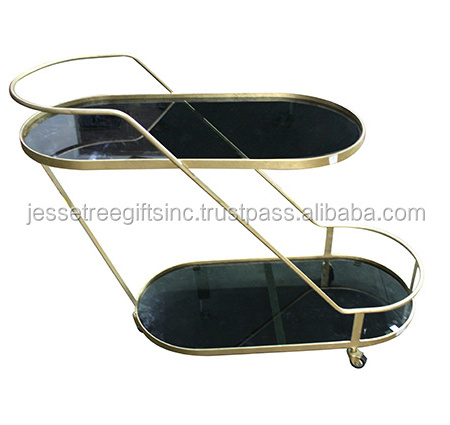 Metal Three Wheels Bar Cart With Gold Plating Finishing Oval Shape Genuine Quality Black Glass Two Tier For Serving