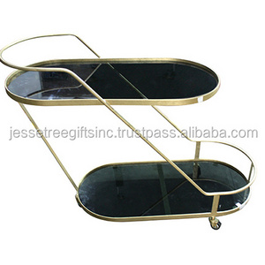 Metal Three Wheels Bar Cart With Gold Plating Finishing Oval Shape Genuine Quality Black Glass Two Tier For Serving