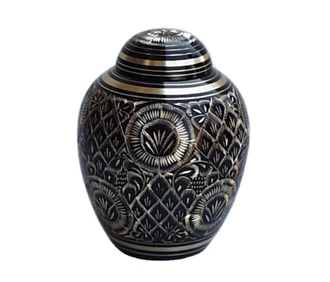 Japanese Style Metal Dome Top Cremation Urn With Black & Gold Finishing Engraved Design Good Quality For Funeral Services