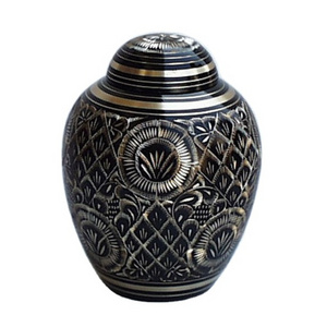 Japanese Style Metal Dome Top Cremation Urn With Black & Gold Finishing Engraved Design Good Quality For Funeral Services